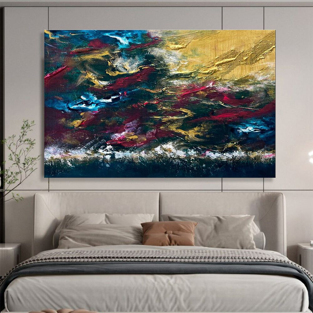 Blue Gold Red Abstract Painting with Rich, Passionate Tones THY383