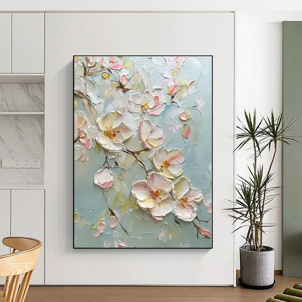 Large abstract painting featuring delicate light pink and white flowers with impasto texture creating a dreamy romantic atmosphere and vibrant colors.STSC1371