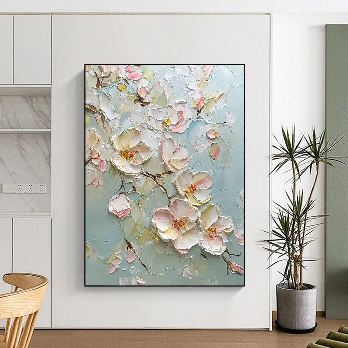 Large abstract painting featuring delicate light pink and white flowers with impasto texture creating a dreamy romantic atmosphere and vibrant colors.STSC1371