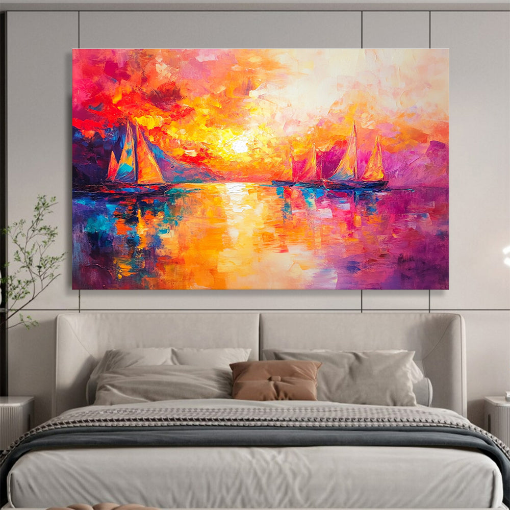Vibrant Sunset Sailboats Abstract Painting with Bold Color Palette DYP321