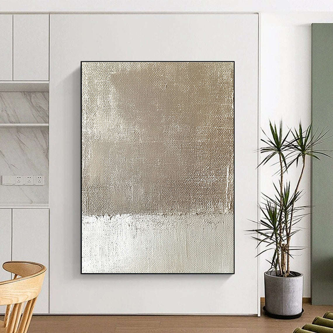 Abstract minimalist painting featuring an old wall with burlap fabric and tattered edges in muted beige and cream tones.STSC565