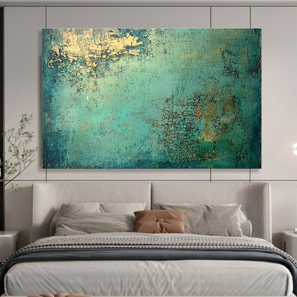 An abstract painting highlighting molten copper with a vibrant patina of green and blue, inspired by the style of Jeremy Mann.SC593
