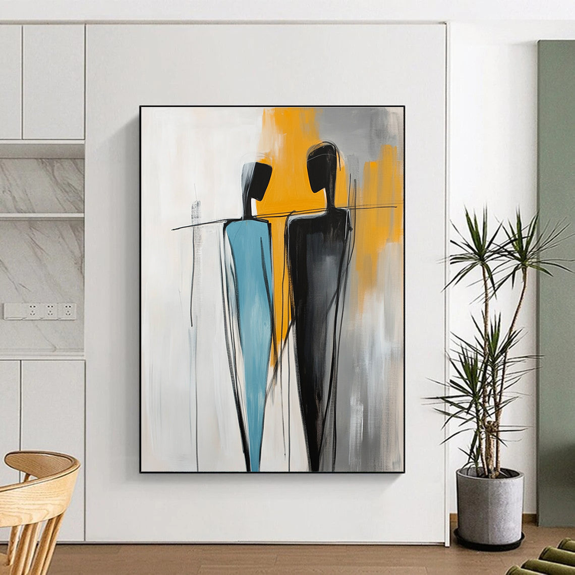 Large abstract painting featuring two figures one in light blue and the other in black with yellow accents against a white background with visible brush strokes.STSC1146