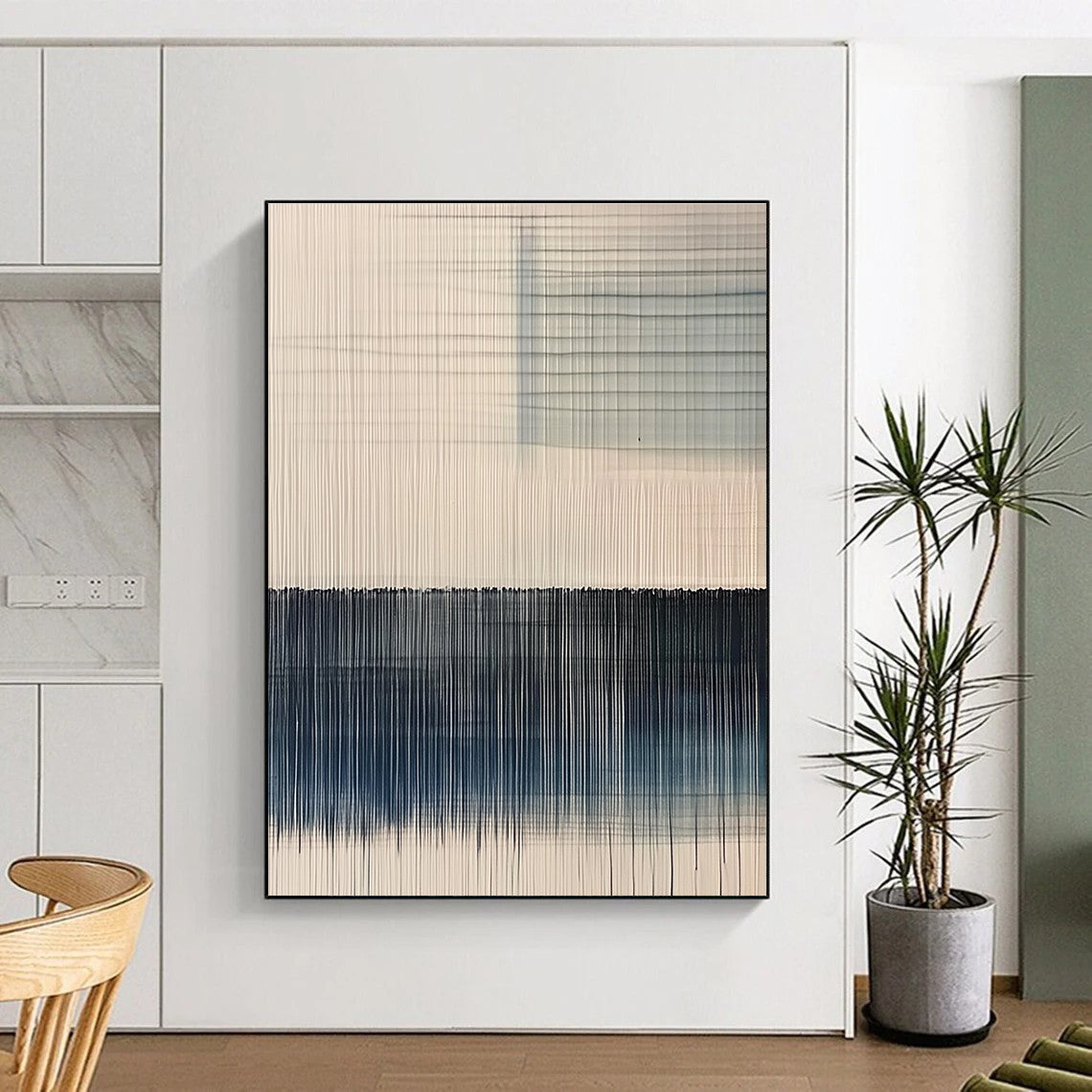 White and Blue Line Abstract Painting with Vertical Strokes GER073