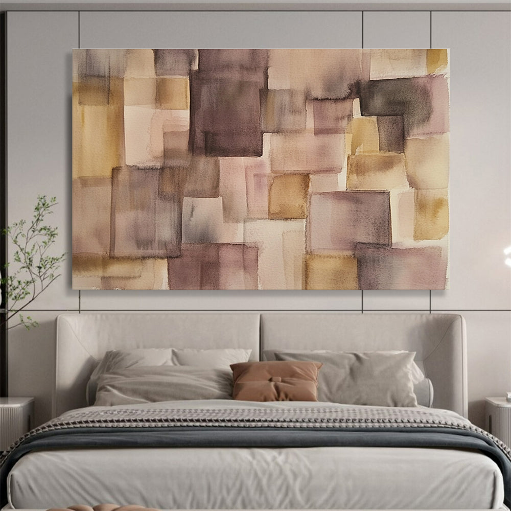Large abstract watercolor artwork in soft pastel earth tones featuring a minimalistic patchwork design with an open central space ideal for modern decor.SC620