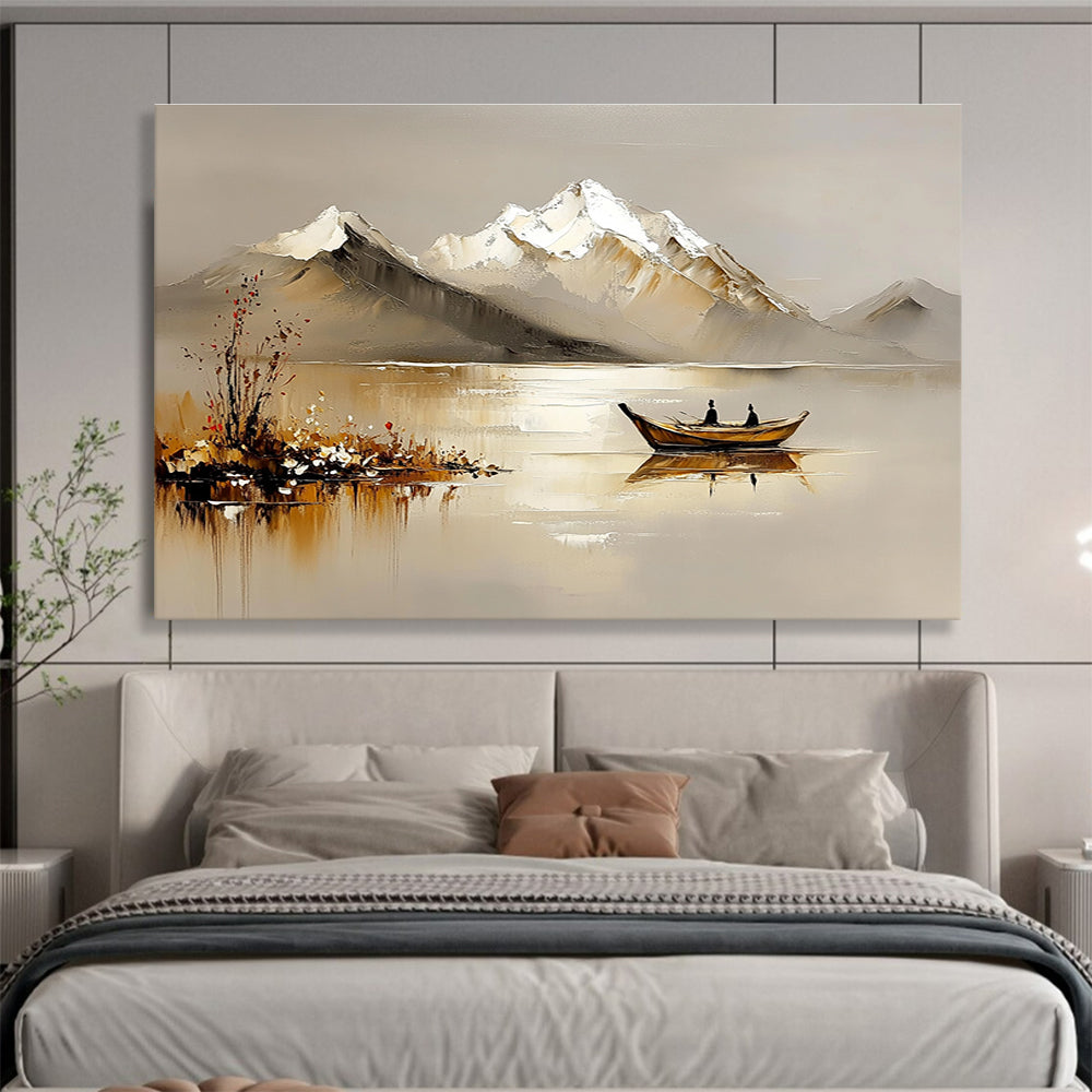 Abstract oil painting with textured palette knife depicting serene lake mountains ancient boats and blooming wildflowers in warm gray hues.SC608