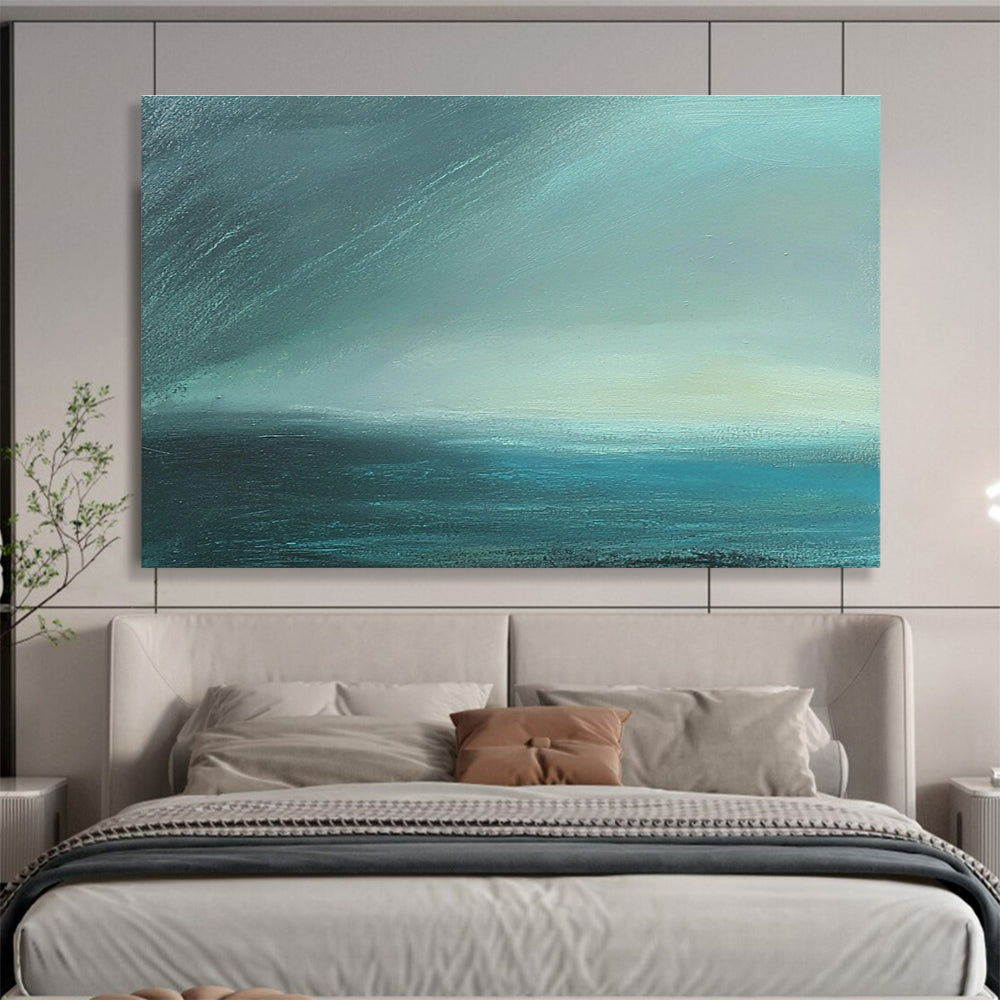 Large abstract painting in impasto technique featuring blue-green sea tones with fog and dark sky using thick, muted layers for atmospheric depth.SC497