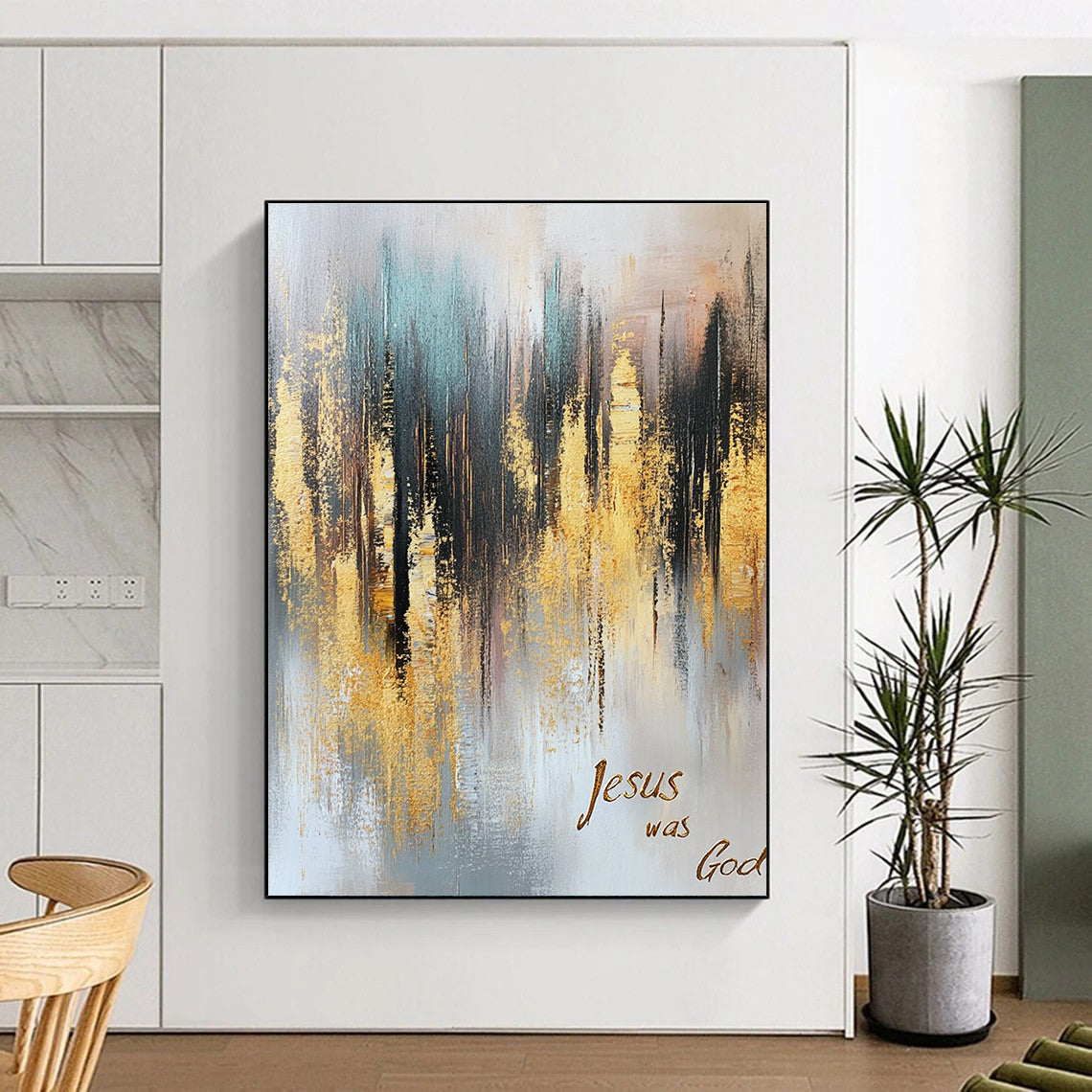 Large abstract oil painting of a gold and gray forest with muted colors gold foil accents and cursive text stating Jesus was God.STSC166