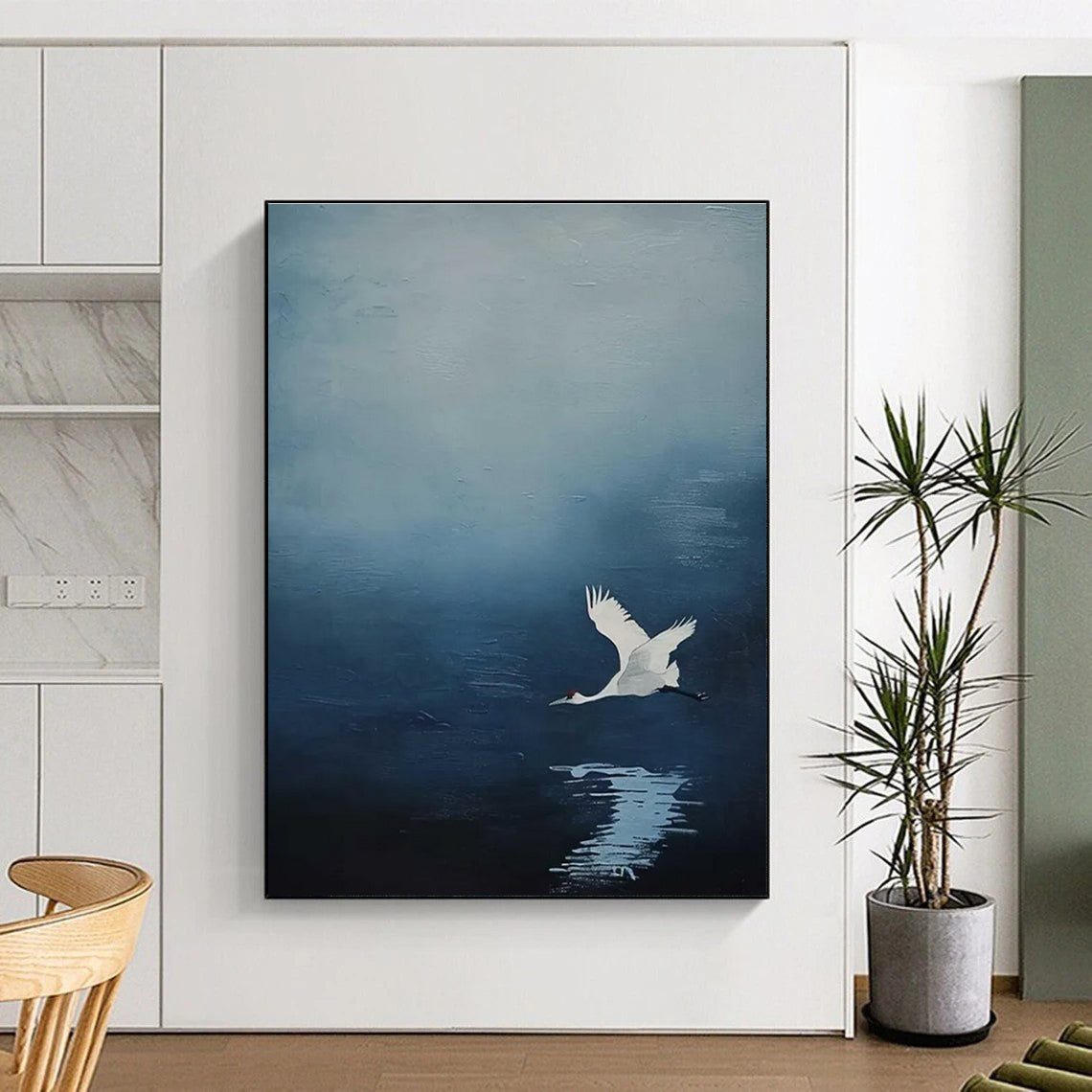 White Crane in Blue Sky Abstract Painting with Reflection ADGE510