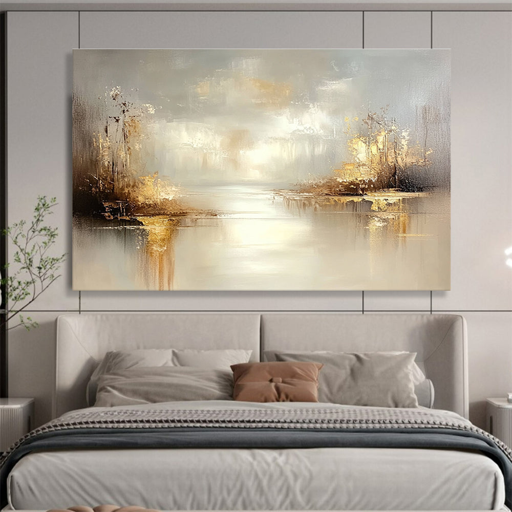 Large abstract oil painting of a misty lake featuring grey and beige tones with stunning gold accents for a serene ambiance.SC117