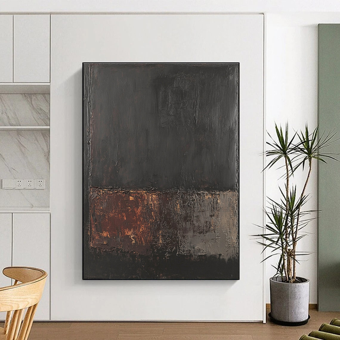Large abstract painting in dark gray and brown inspired by Rothko with textured oil paint on a black background created using a palette knife.STSC621