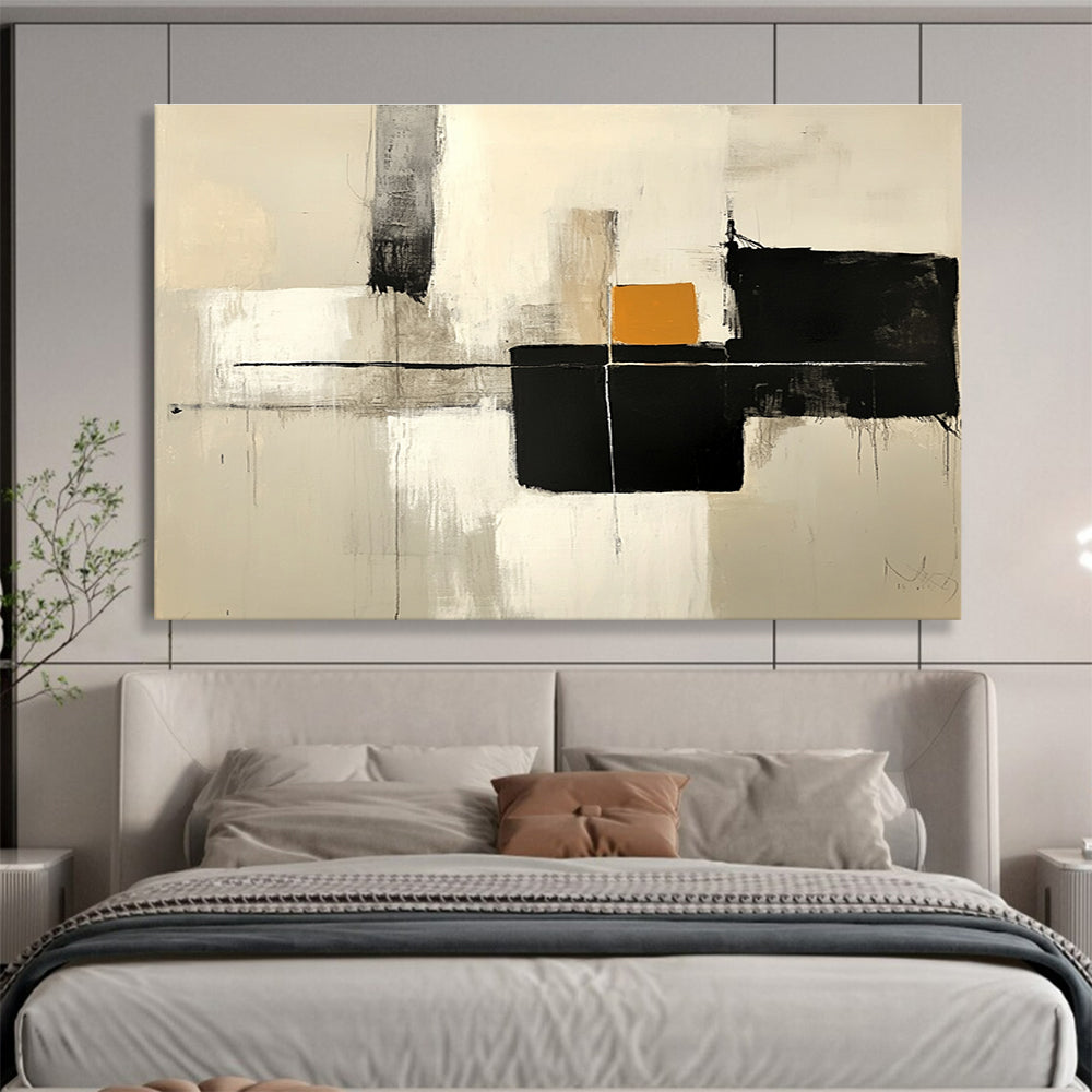 Large abstract painting featuring thick brush strokes in neutral colors with gray and black blocks and a small orange shape on a white background.SC503
