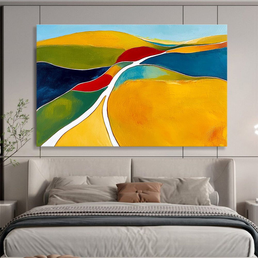 Large abstract painting featuring organic shapes in yellow and green with white lines contrasted against dark blue light red and clear sky blue.SC069