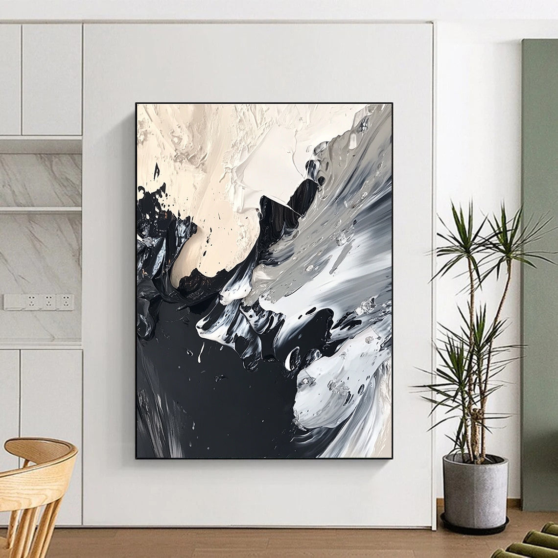Abstract painting featuring black and white acrylics with organic textures and swirling patterns created using the wet-on-wet technique.STSC1277