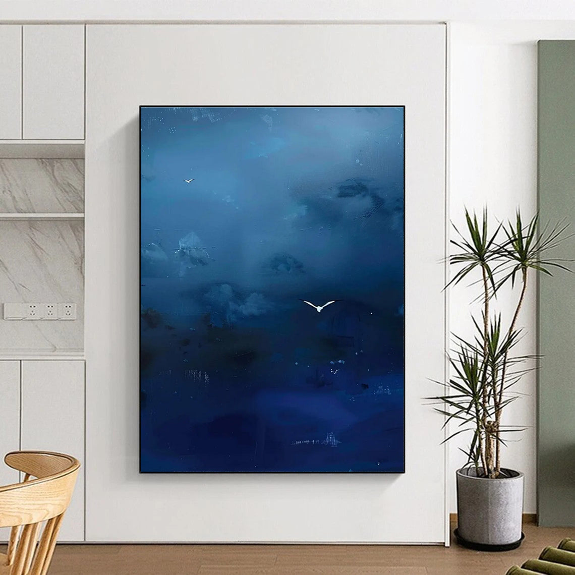 Blue Sky with White Birds Abstract Painting with Subtle Details ADGE507