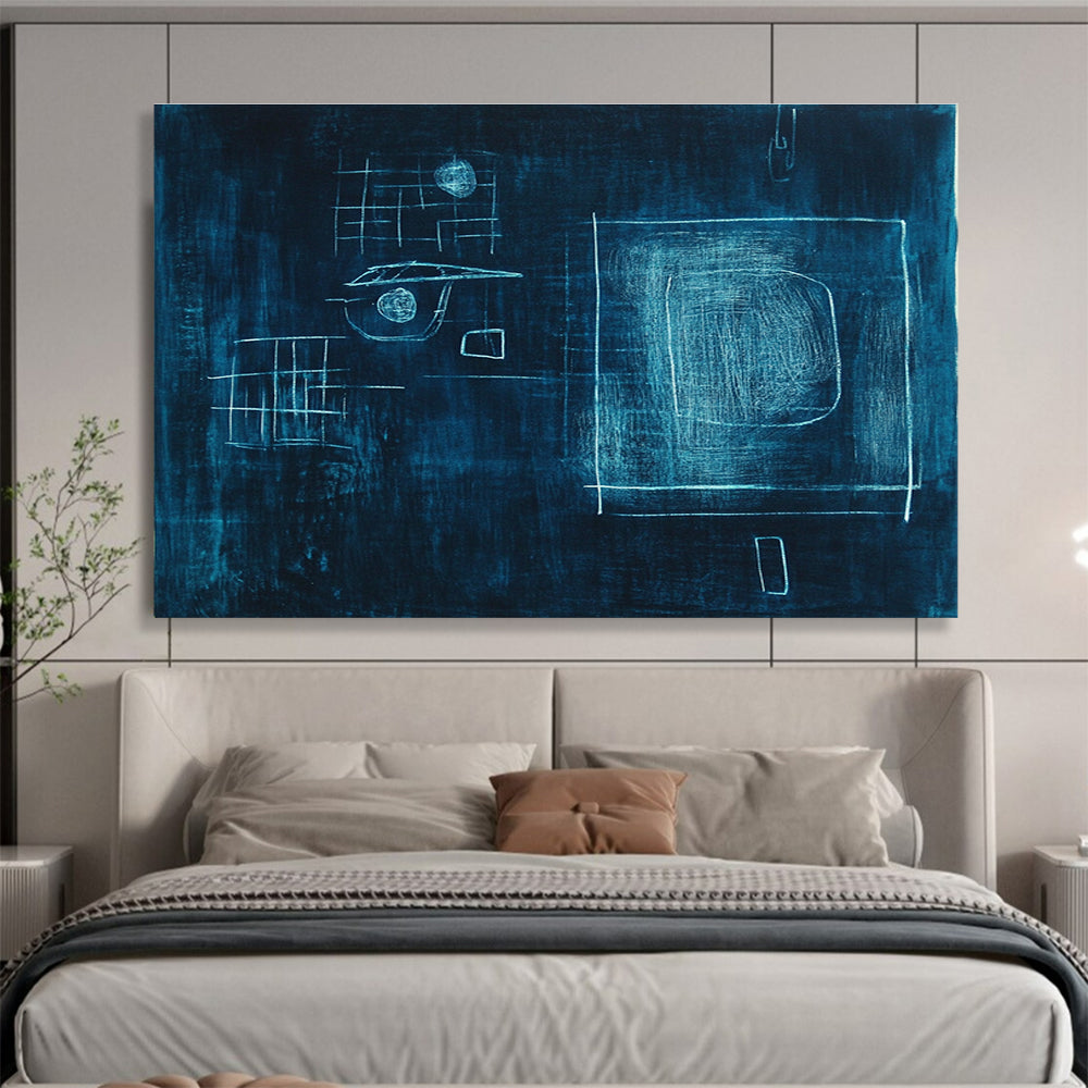 Large abstract painting in dark blue with glowing light and shapes, inspired by Paul Klee, featuring a dreamy atmosphere and bold lines.SC348