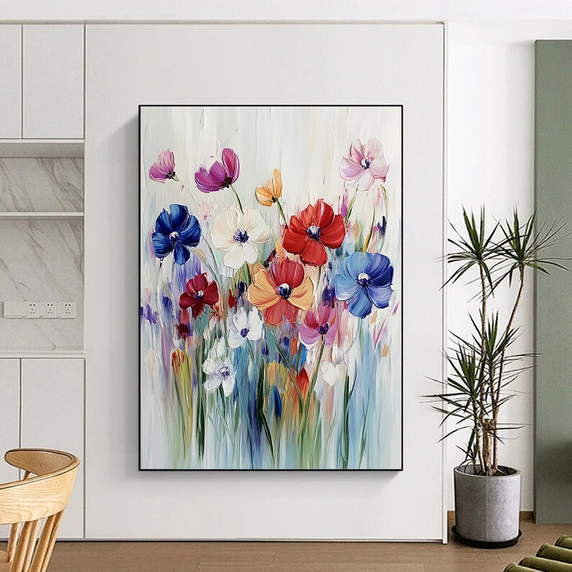 Large abstract painting of vibrant wildflowers in bold acrylic strokes against a soft white background capturing the essence of a colorful meadow.STSC993