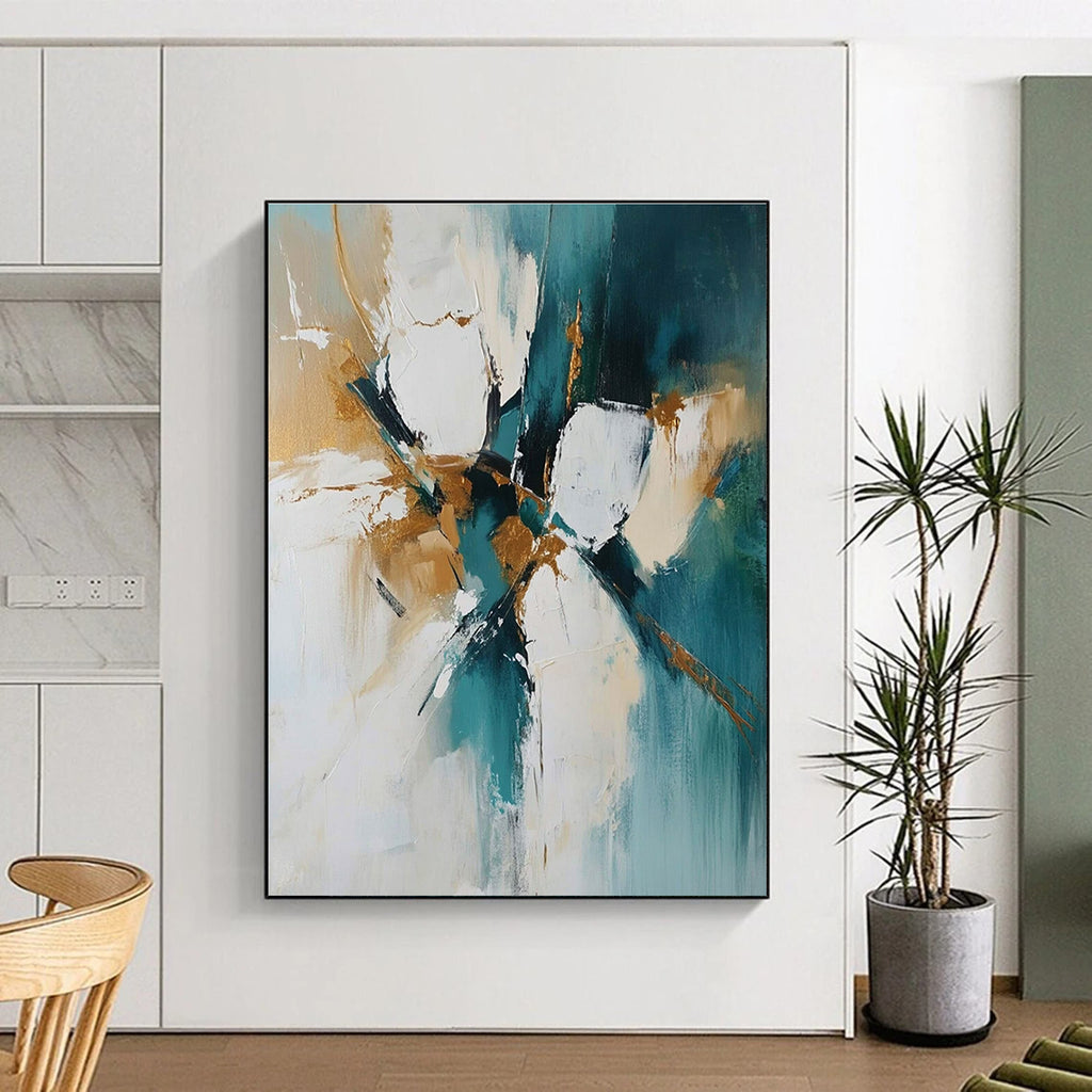 Teal Gold and White Abstract Painting with Dynamic Strokes GER682