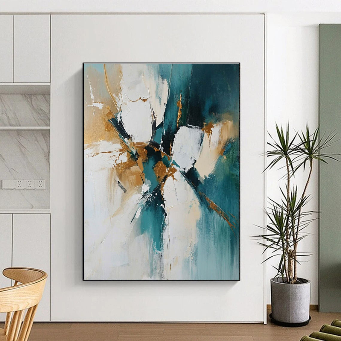Teal Gold and White Abstract Painting with Dynamic Strokes GER682