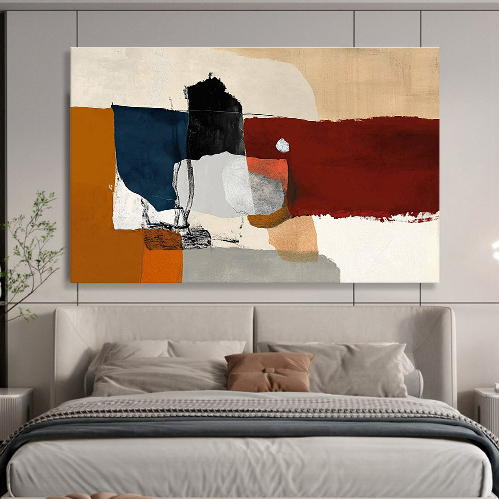 A large abstract painting featuring minimalistic shapes, dark red and orange hues, with white, grey, and blue accents in a loose collage style.SC329