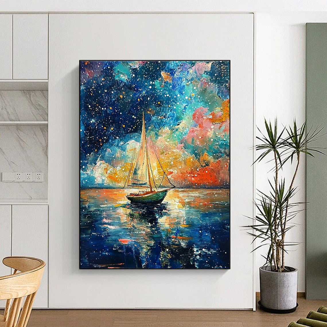 A large abstract painting featuring a small sailboat amidst vibrant colors and dreamy sky reflections in the style of Van Gogh.STSC1199