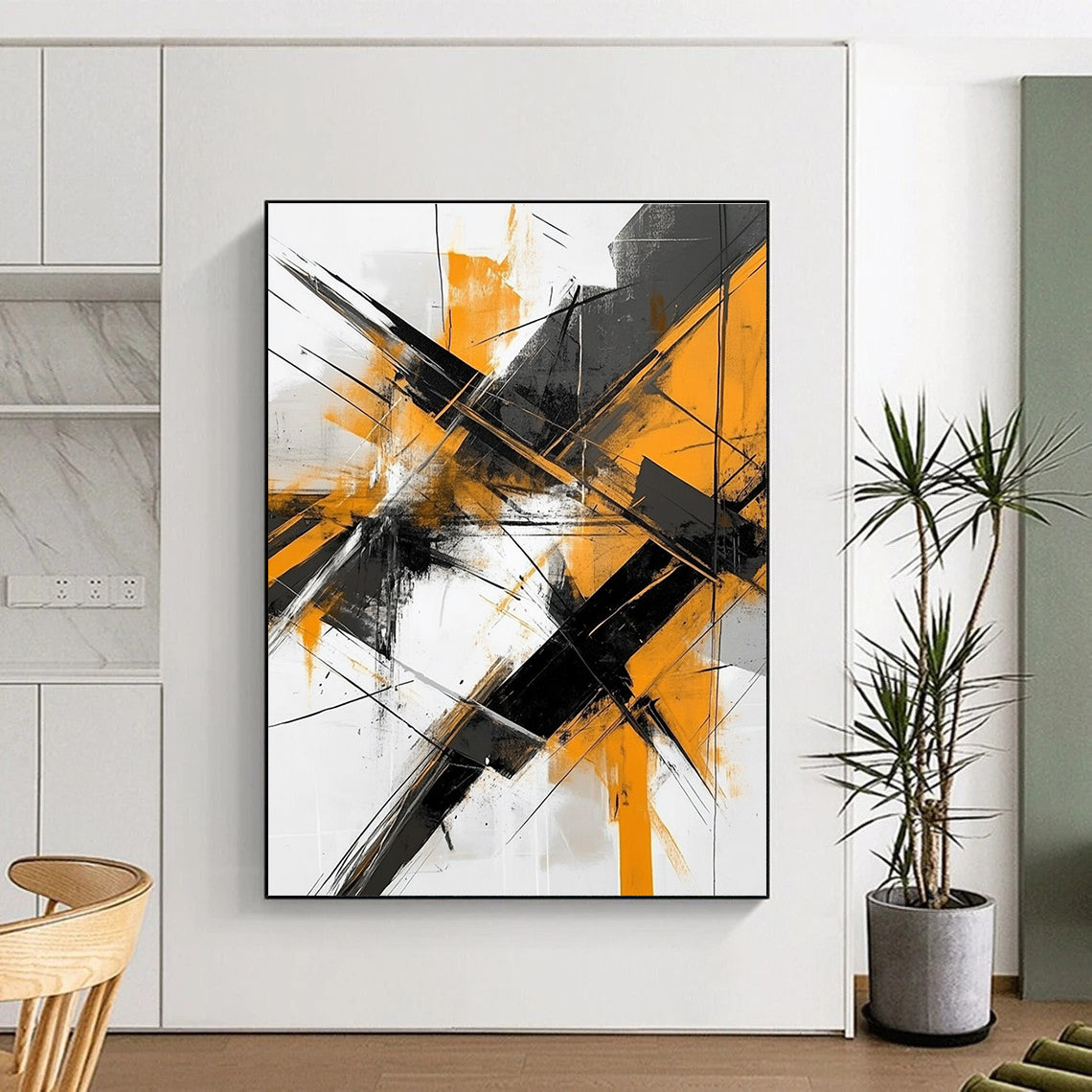 Dynamic Orange - Black Abstract Painting with Gray and White GER324