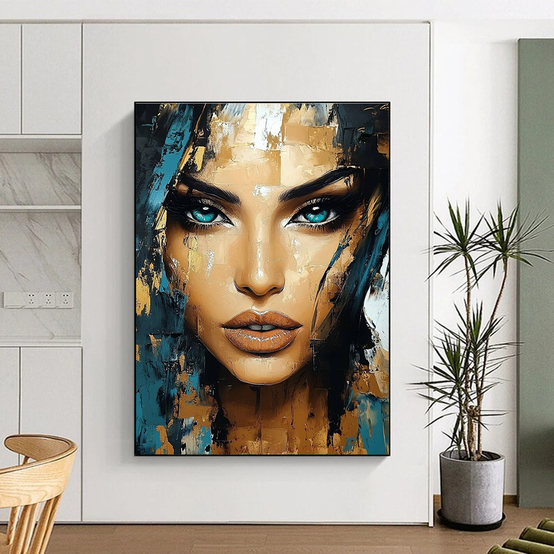 Abstract portrait of a beautiful woman with turquoise eyes and gold accents featuring expressive brush strokes and intricate details in the style of Ismail Inceoglu.STSC456
