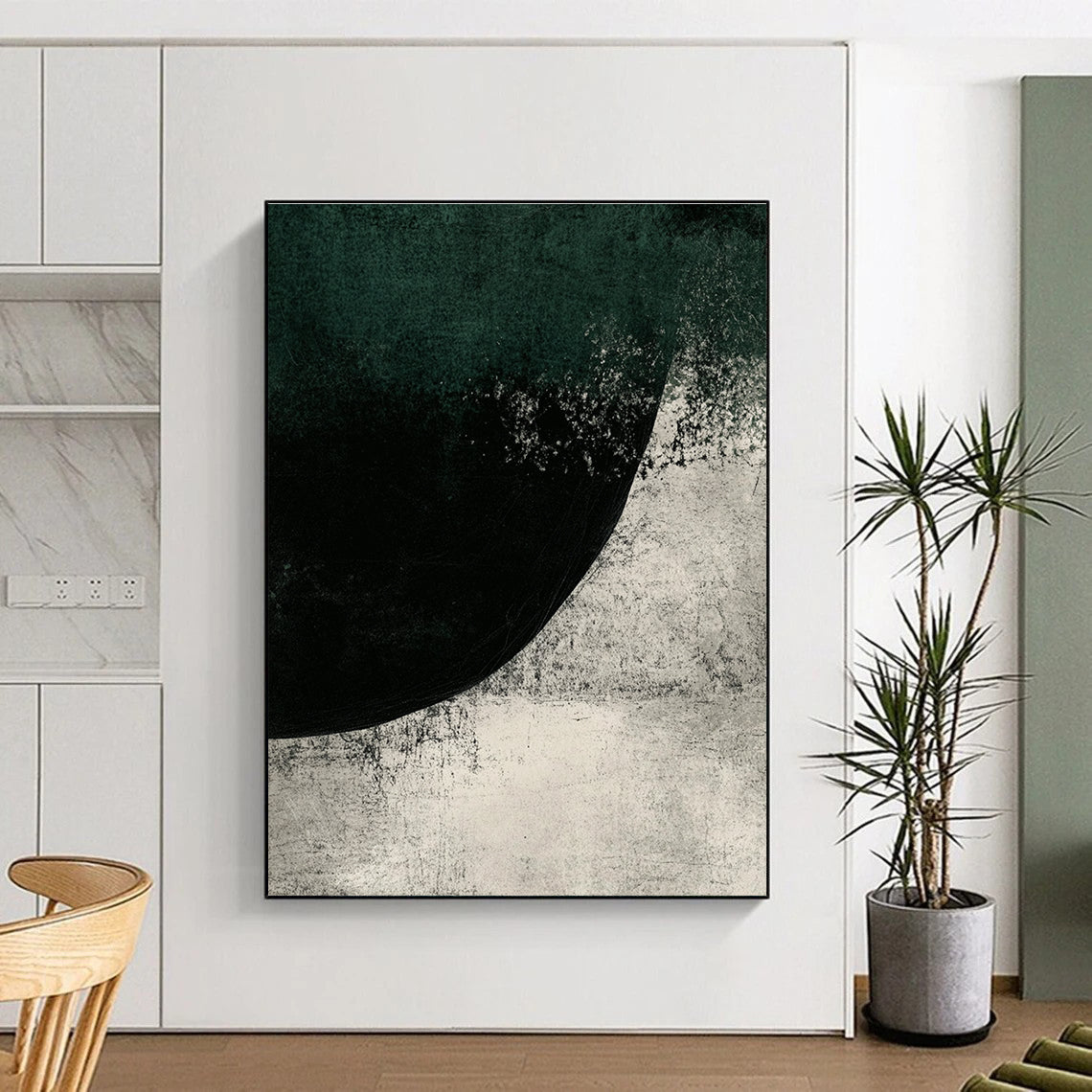 Large abstract painting featuring dark green and gray tones with ink texture and a mysterious rounded shape creating a cold nature-inspired atmosphere.STSC524