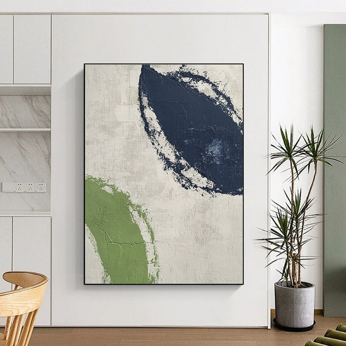 Large abstract painting featuring textured navy blue and green curves on a light gray background, embodying modern simplicity for contemporary interiors.STSC527