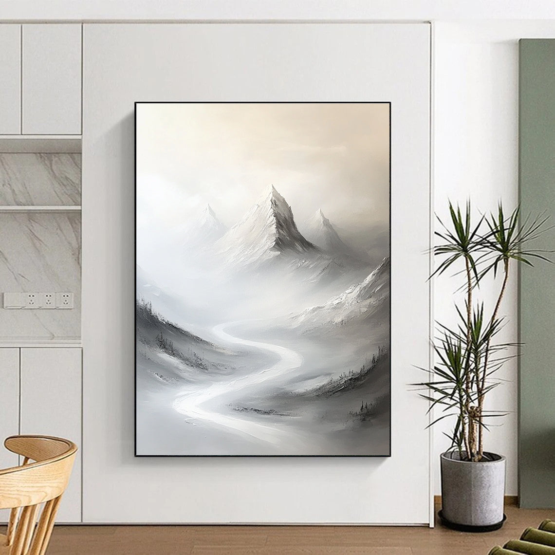 Abstract painting of snow-covered peaks in soft gray tones with a winding road leading to a distant mountain peak.STSC1492