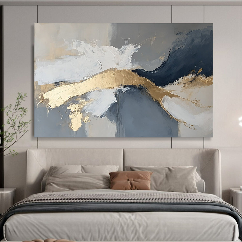 Large abstract painting in gray and white with gold accents, atmospheric and moody, featuring intricate details.SC140