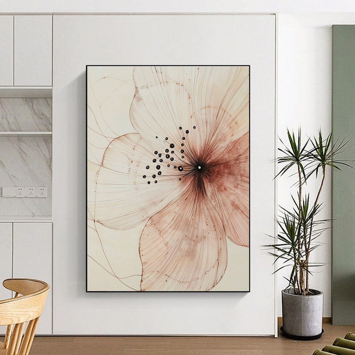 A large abstract painting showcasing delicate petals intricate patterns and subtle textures in light pink and dark brown against a beige background.STSC948