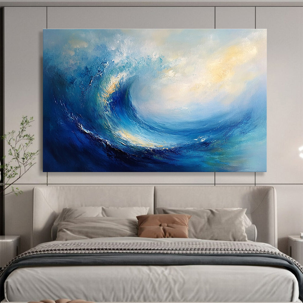 Large abstract oil painting of an ocean wave featuring blue and teal colors with thick brush strokes and white clouds in the background.SC108