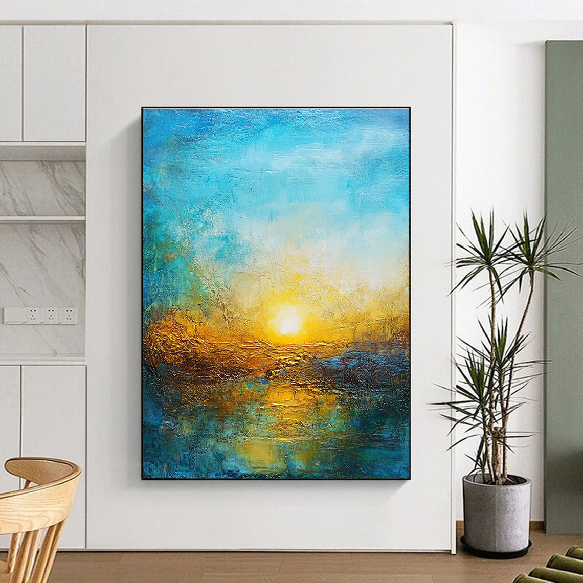 Large abstract painting featuring a vibrant sunset in golden hues and deep blues over a textured landscape symbolizing new beginnings and hope.STSC200