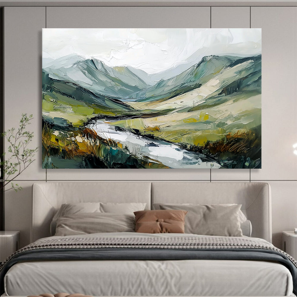 Large abstract painting of an Irish landscape with green and gray mountains flowing river and textured brush strokes against a white sky.SC596