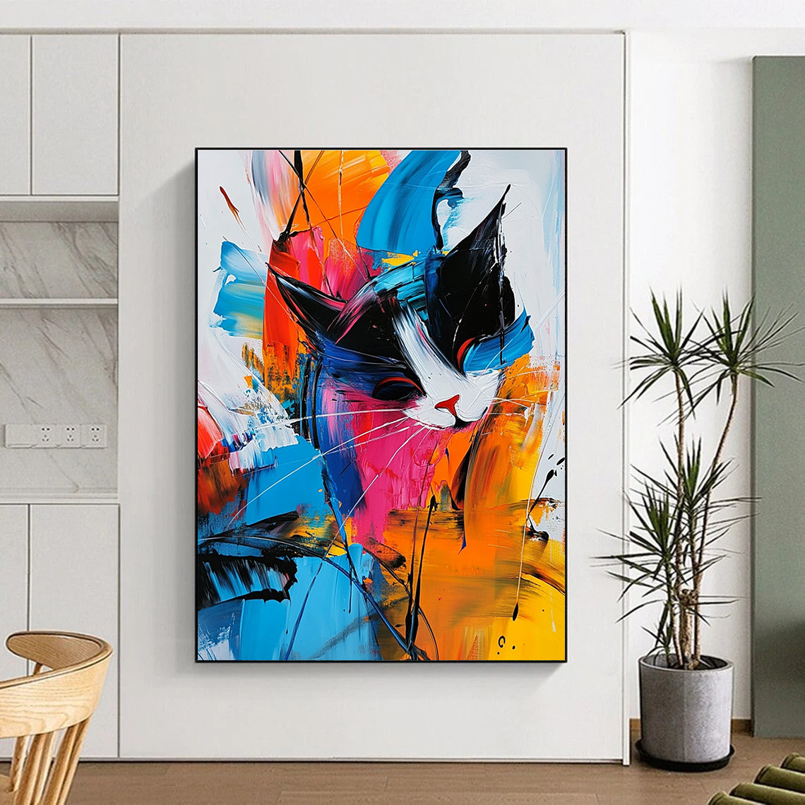 Large abstract painting featuring colorful shapes and lines with expressive brushwork and dynamic lighting on a white background with blue accents.STSC306