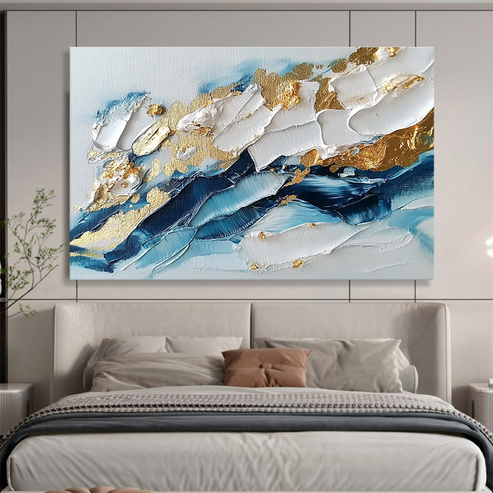 Blue White Gold Textured Abstract Painting with Thick Brushstrokes DYP260