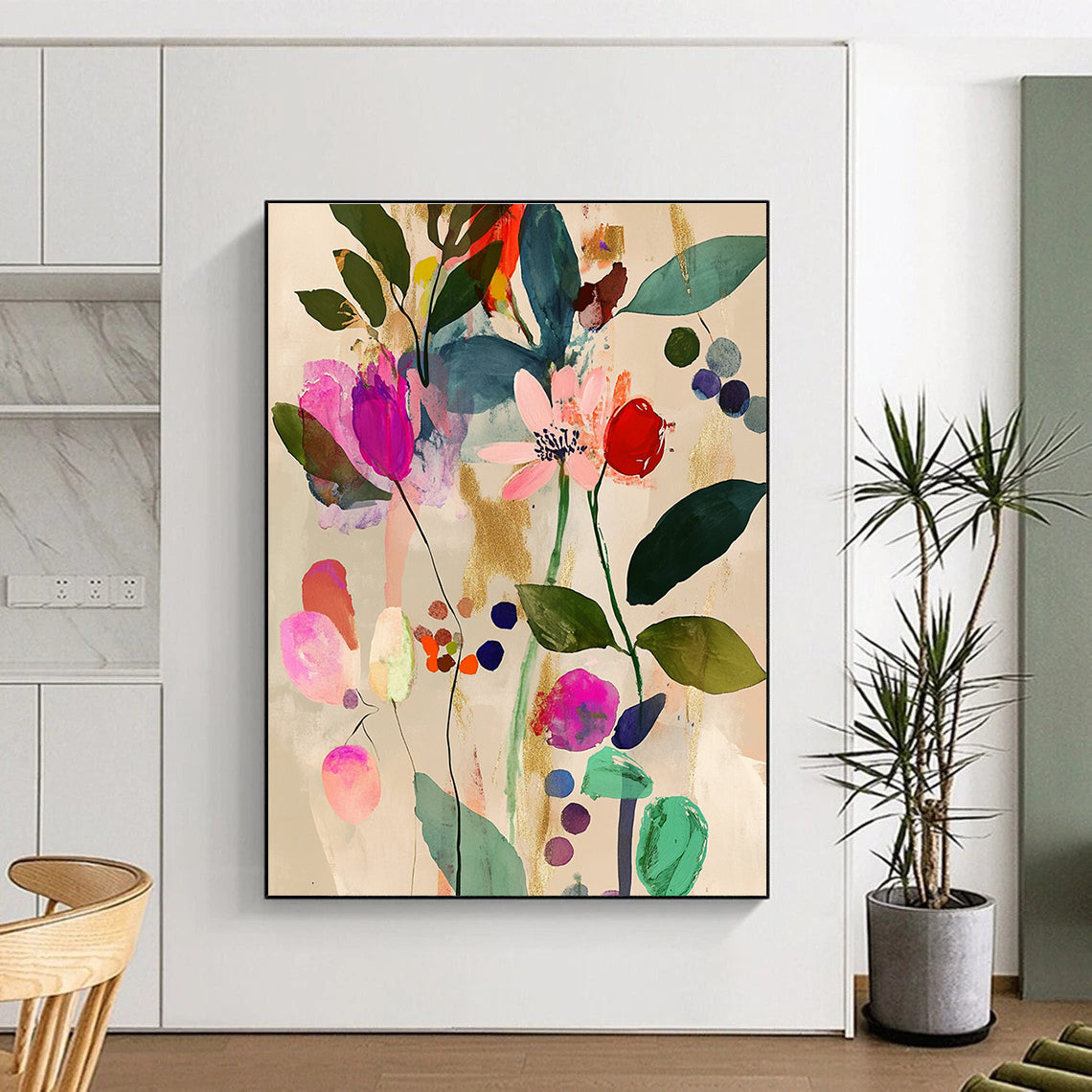 Abstract painting featuring pink and green leaves flowers and berries in a Matisse style with watercolor and gold foil on a beige background.STSC043