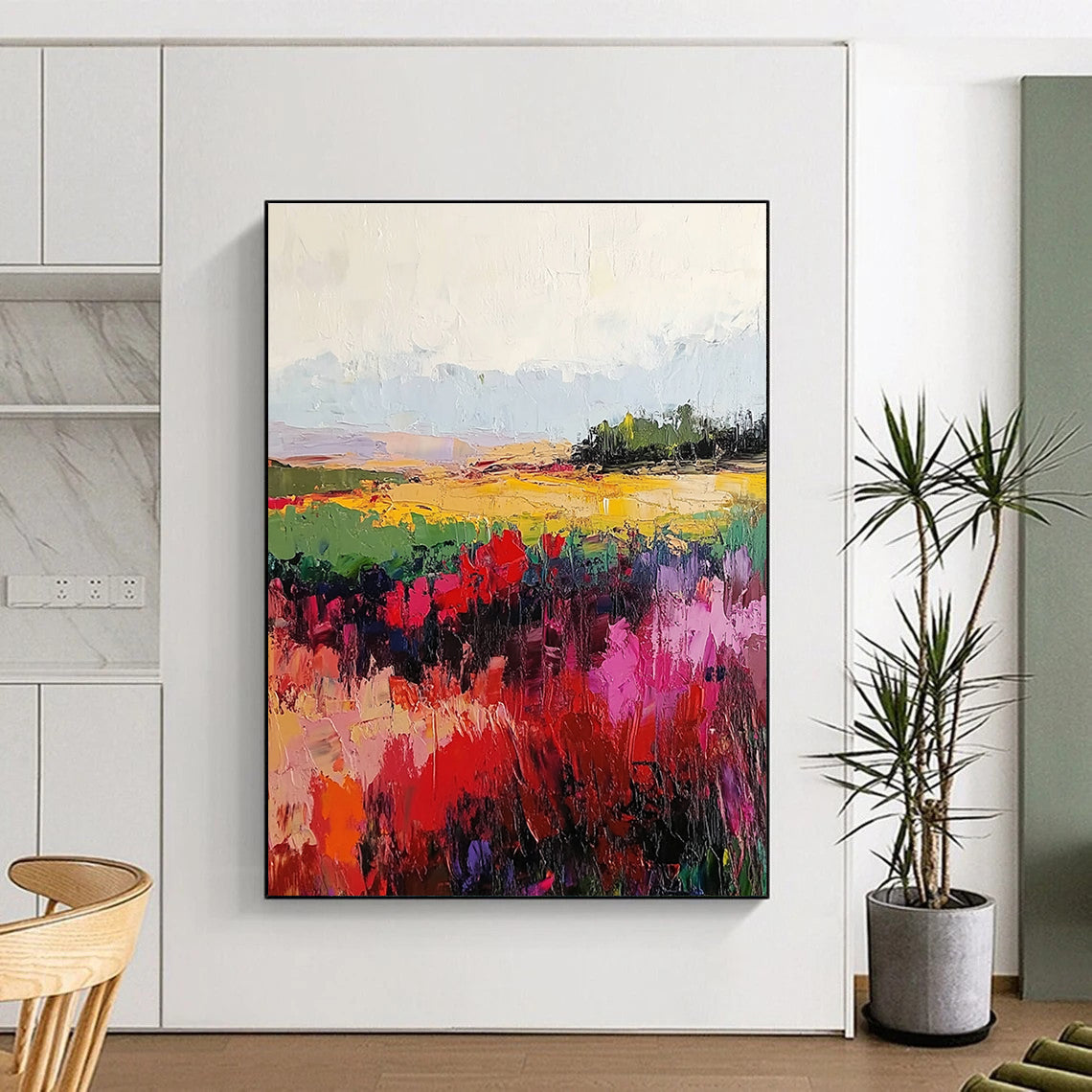 Large abstract painting with vibrant reds and greens, textured canvas and soft blurred edges, created using palette knife and broad brush strokes.STSC113