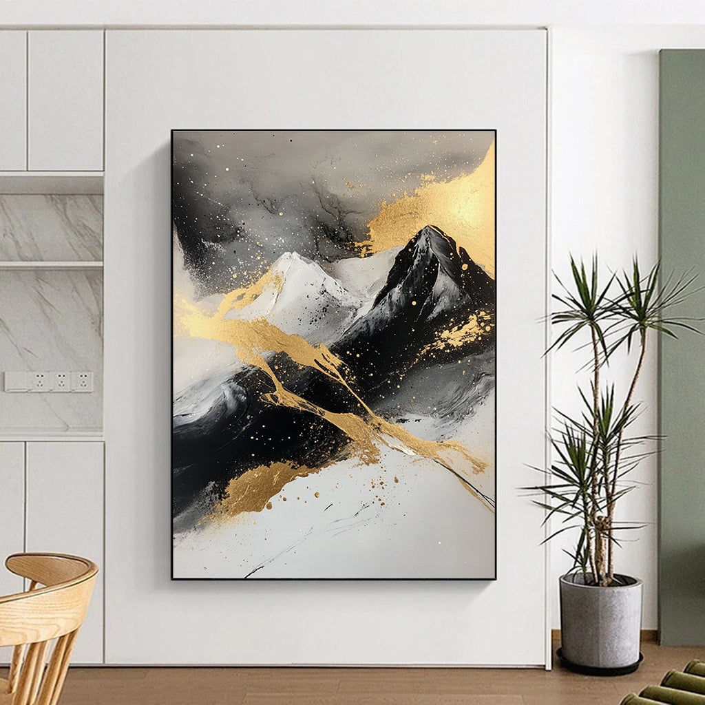 Gold - Splashed Mountain Abstract Painting with Black, White, and Gold GER320