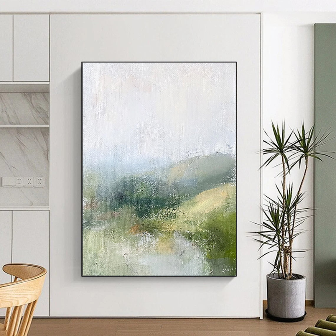 Soft Landscape Abstract Painting with Muted Green and Blue Tones GER184