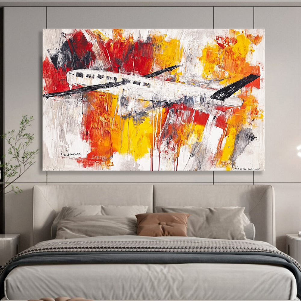 A large abstract painting featuring an airplane and a clothesline in vibrant brush strokes and washes of red, yellow, orange, grey, and silver on a white background.SC333