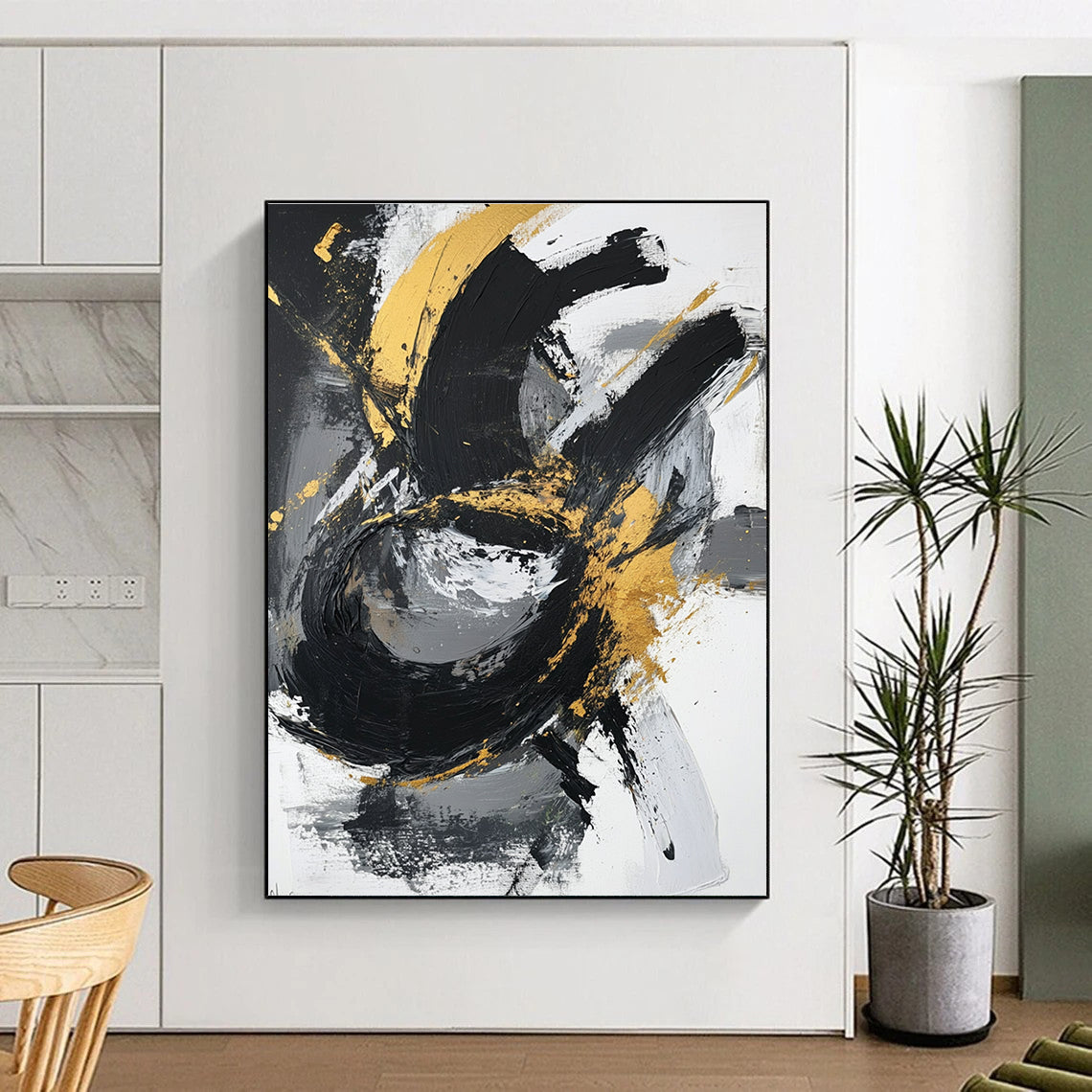 Gold Swirl Abstract with Black White and Gray Motions GER367