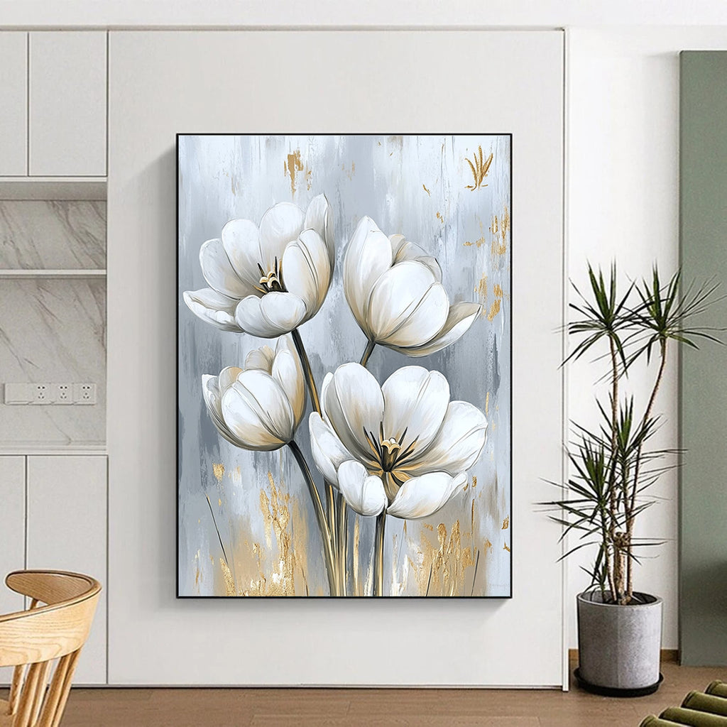 Large abstract painting featuring white tulips with delicate petals and gold embellishments perfect for elegant home interior design.STSC1478