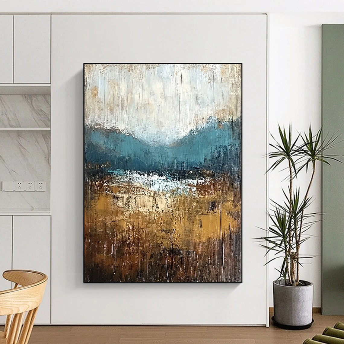 Large abstract painting with textured layers in earthy tones capturing nature's beauty and soft atmospheric lighting on canvas.STSC093