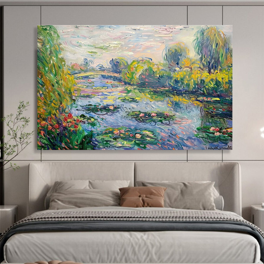Water Lily Garden Abstract Painting with Green, Blue, and Pink Tones THY197