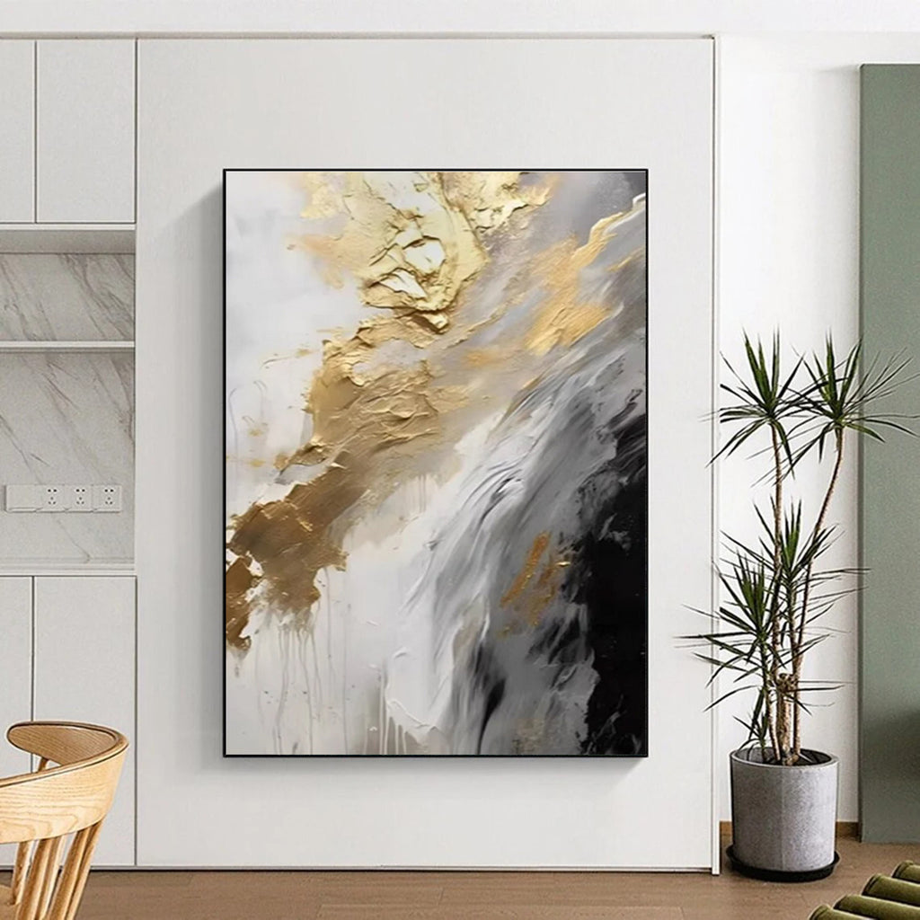 Gold Gray and White Abstract Painting with Flowing Textures ADGE302