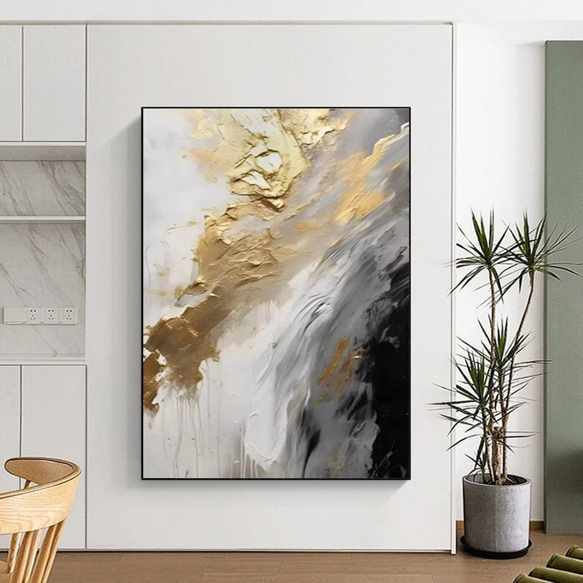 Gold Gray and White Abstract Painting with Flowing Textures ADGE302
