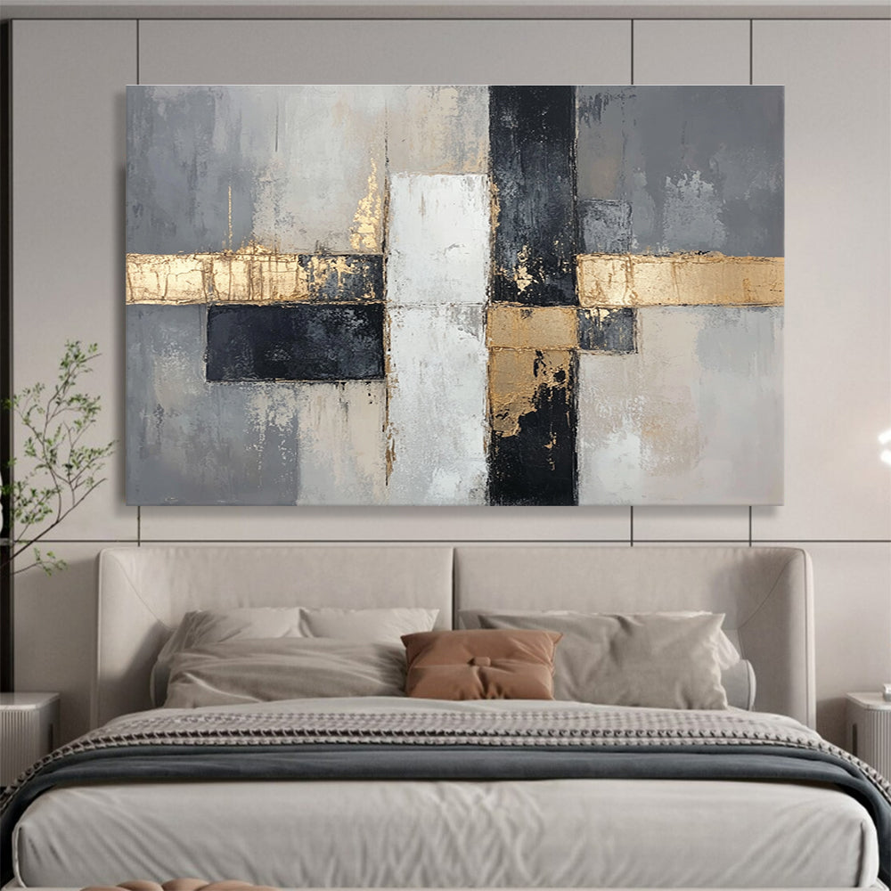 Large abstract painting in neutral tones featuring gray and beige with gold accents and geometric forms creating a sophisticated modern aesthetic.SC247