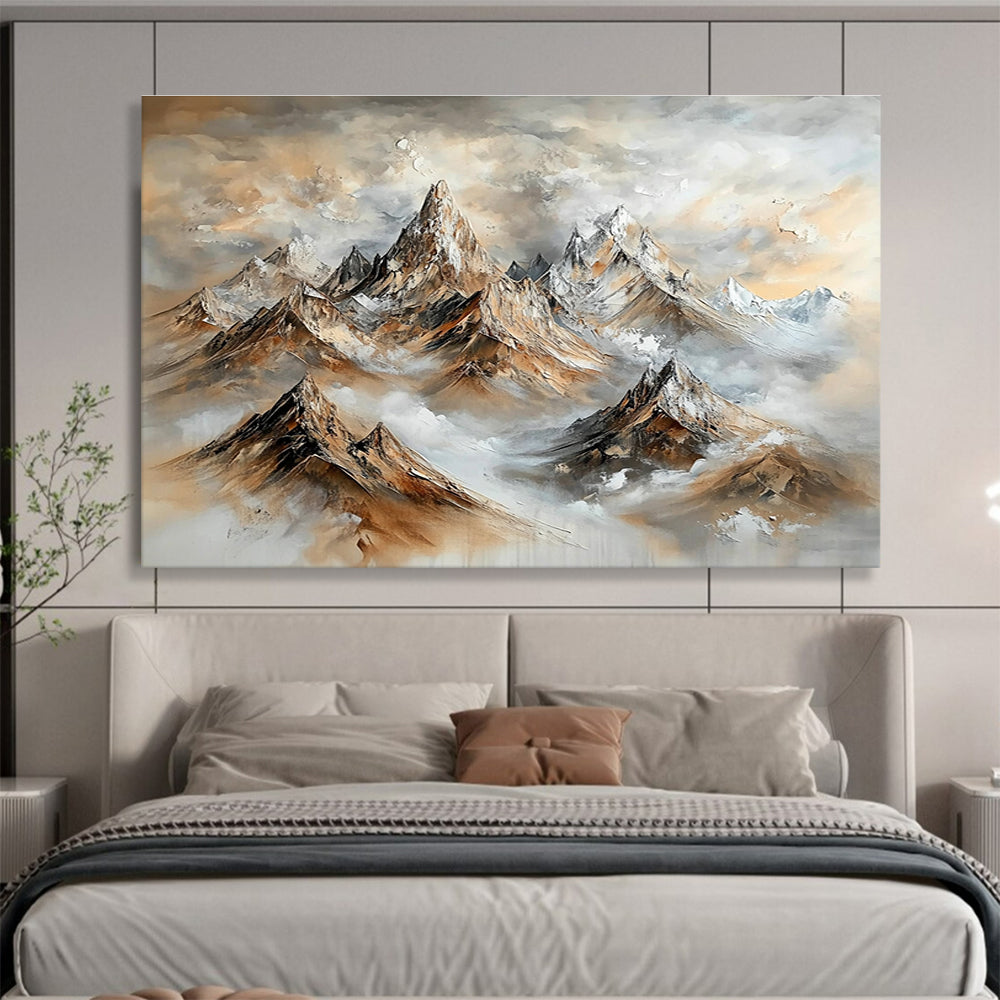 A large abstract painting featuring majestic mountains in brown and gray with swirling clouds and snow-capped peaks, creating a stunning impressionistic effect.SC486